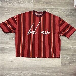 ASOS Design Red and Orange Striped T-Shirt with Embroidered bel air Design